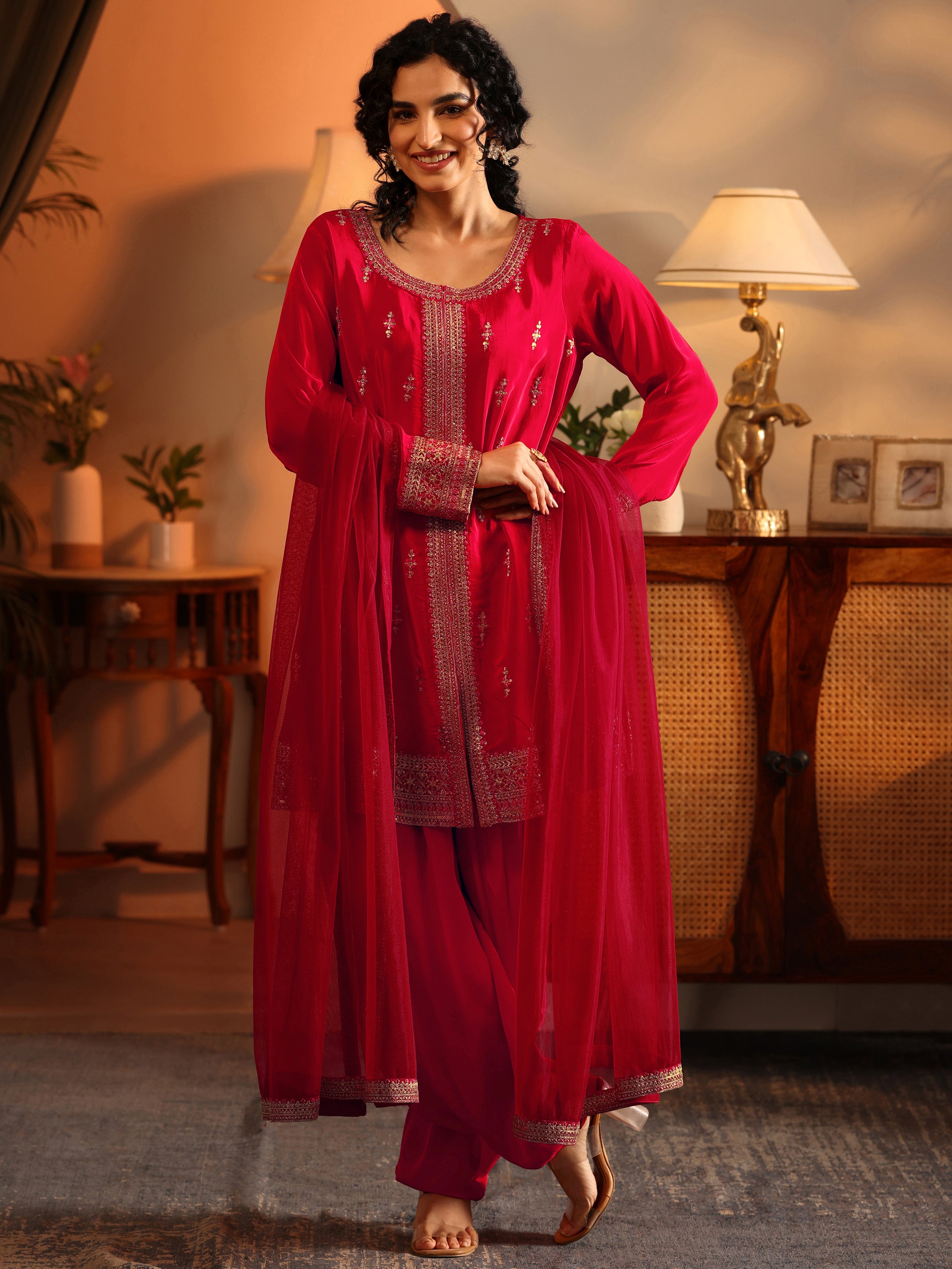 Libas Art Red Embroidered Silk Blend Straight Suit Set With Dupatta-picture-44