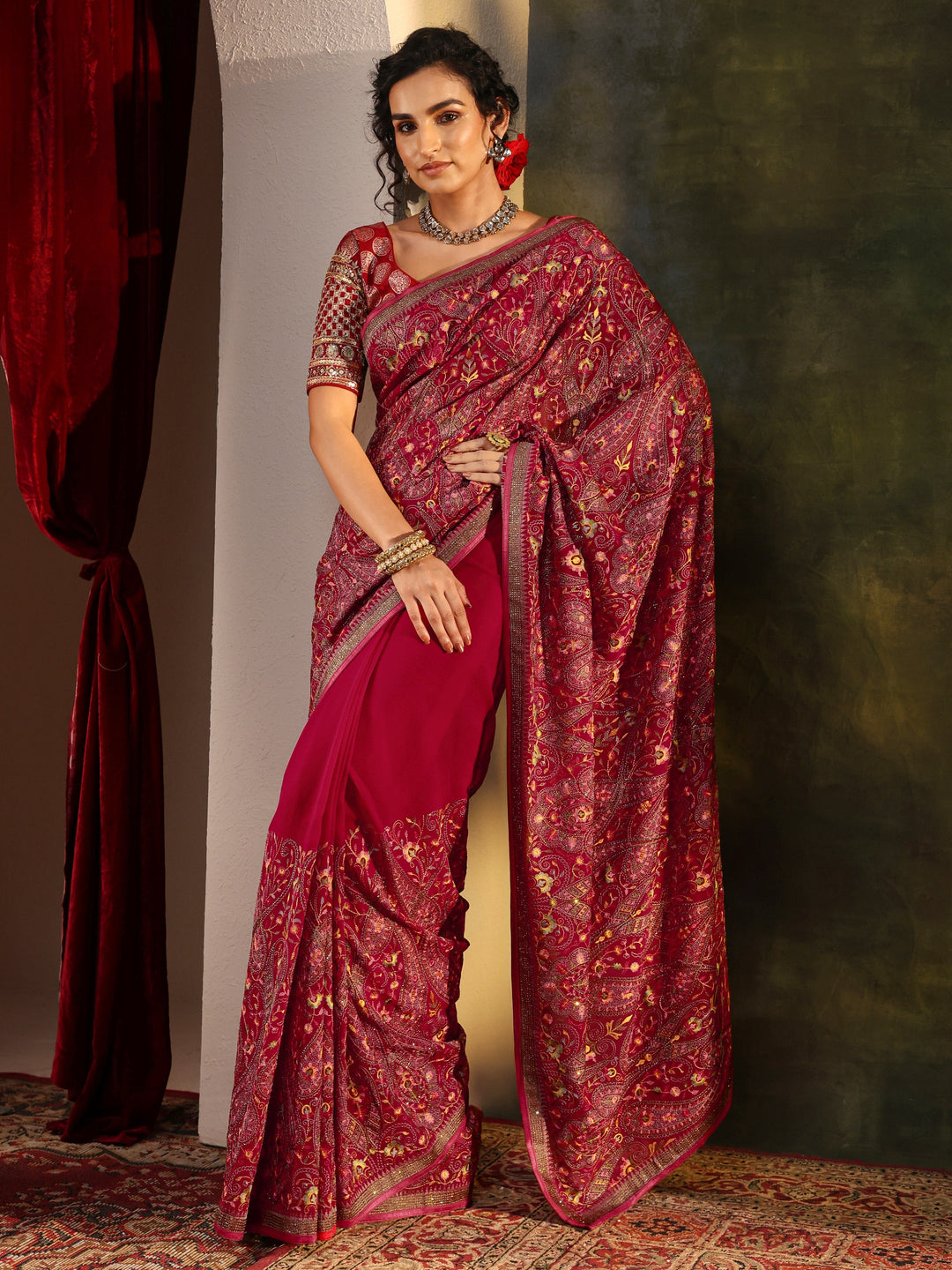 Libas Art Red Jamawar Embroidered Georgette Saree With Unstitched Blouse Piece