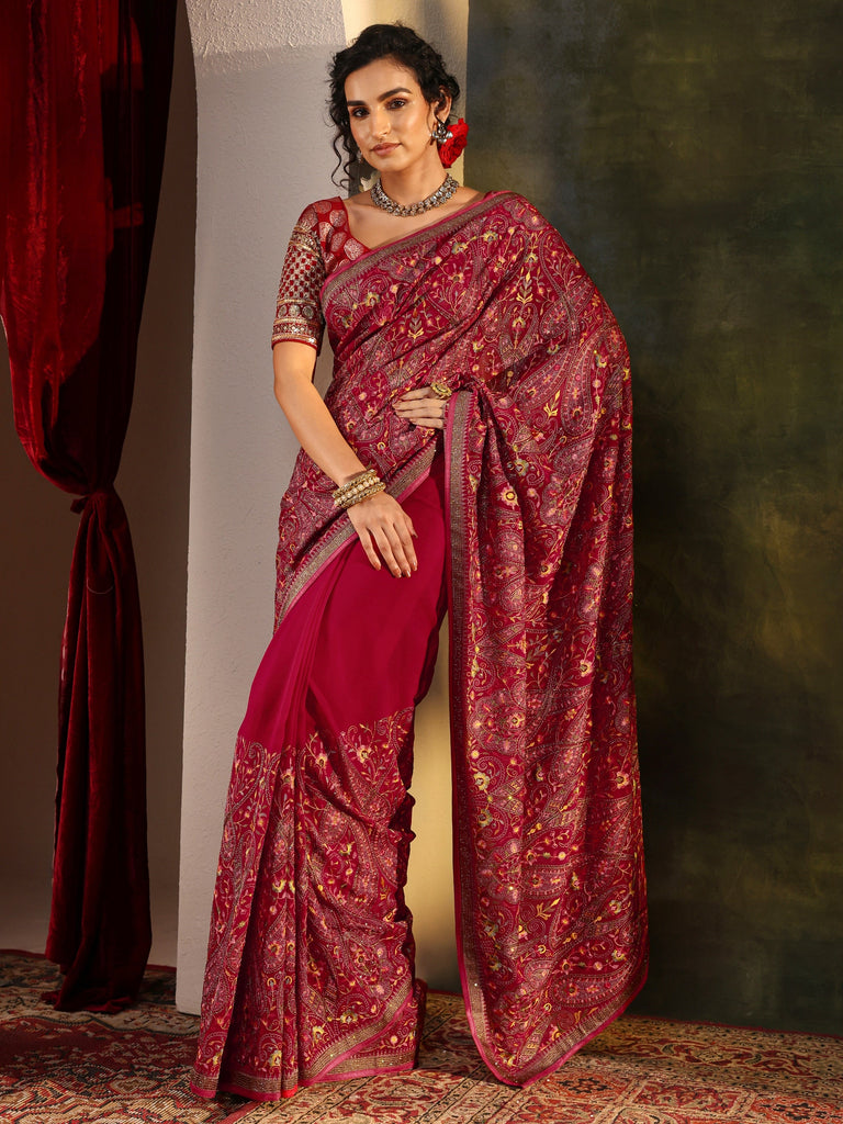 Libas Art Red Jamawar Embroidered Georgette Saree With Unstitched Blouse Piece