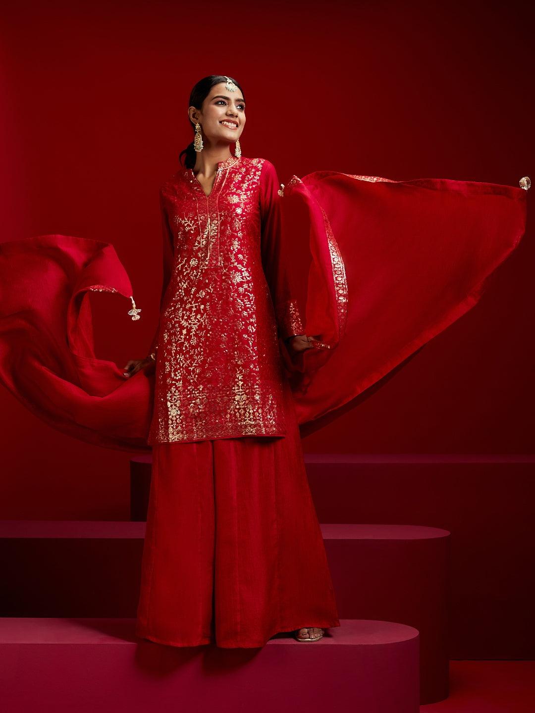 Libas Art Red Self Design Silk Blend Straight Suit With Dupatta