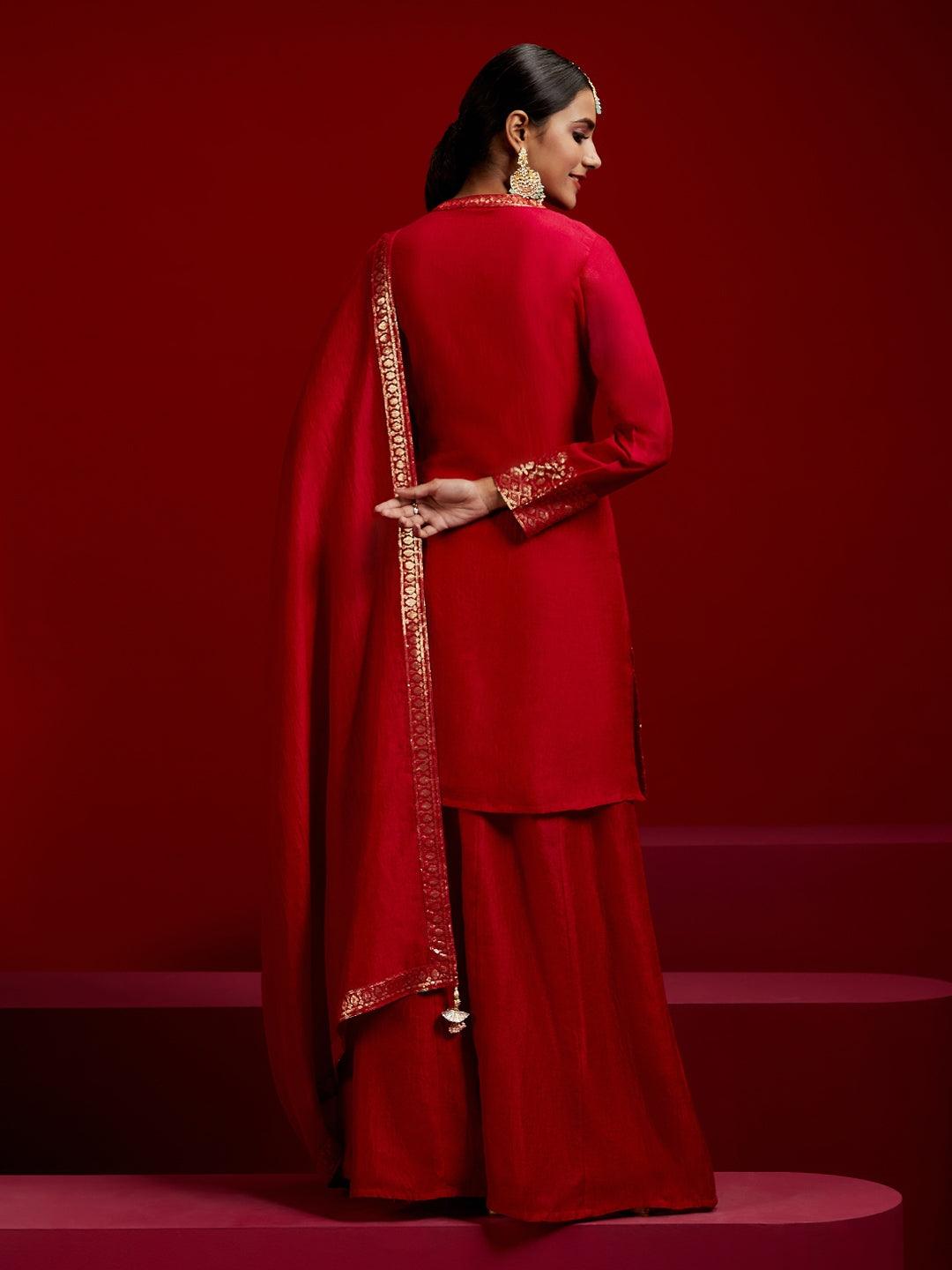 Libas Art Red Self Design Silk Blend Straight Suit With Dupatta