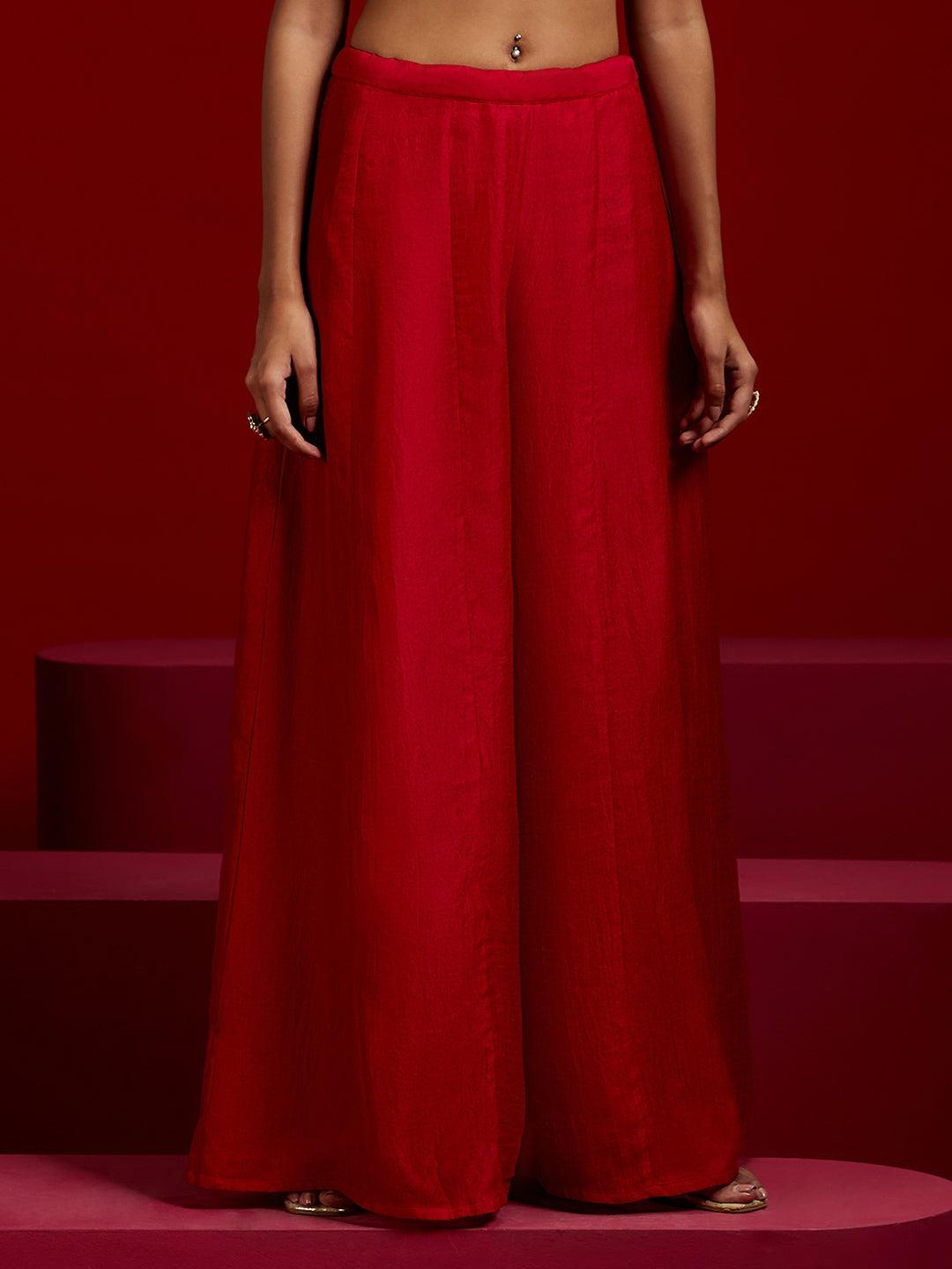 Libas Art Red Self Design Silk Blend Straight Kurta With Palazzos & Dupatta - Libas