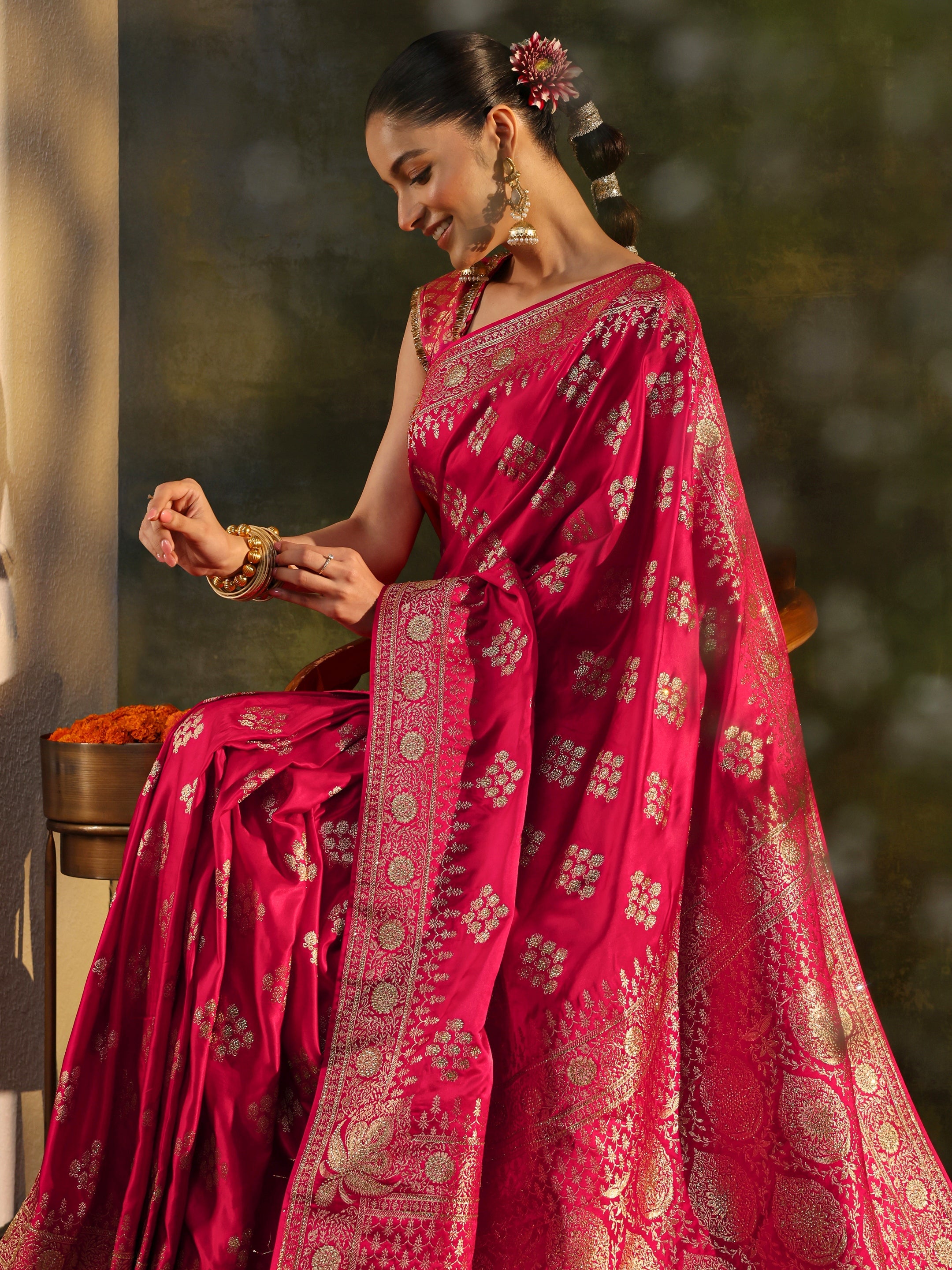 Libas Art Red Woven Design Satin Banarasi Saree With Unstitched Blouse Piece-image-38