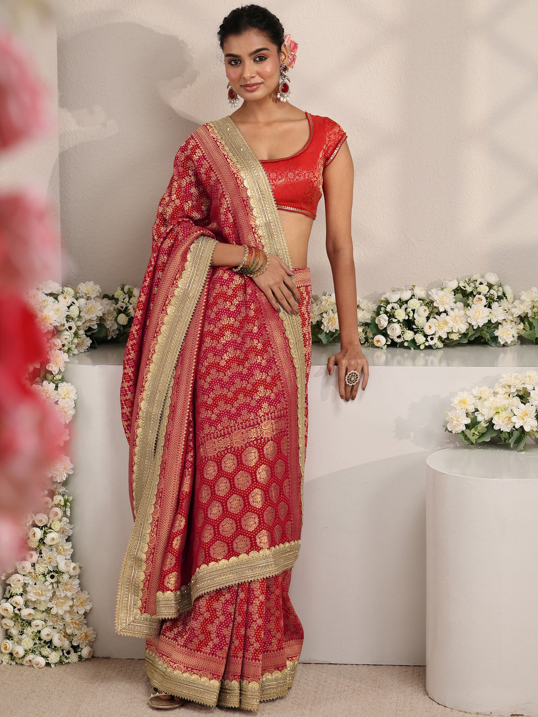  Libas Art Red Woven Design Satin Saree With Unstitched Blouse Piece 