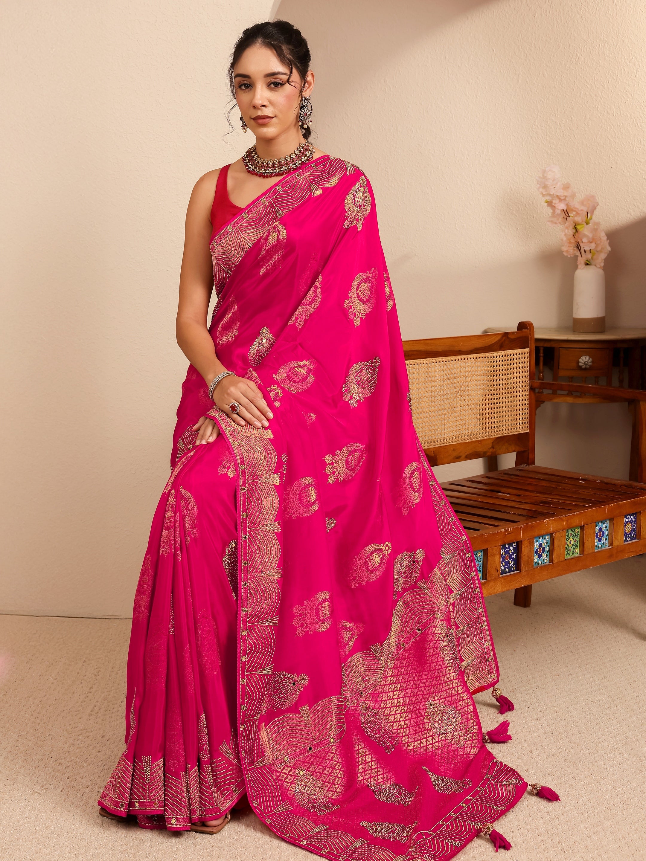 Libas Art Rose Pink Embellished Silk Blend Saree-picture-24