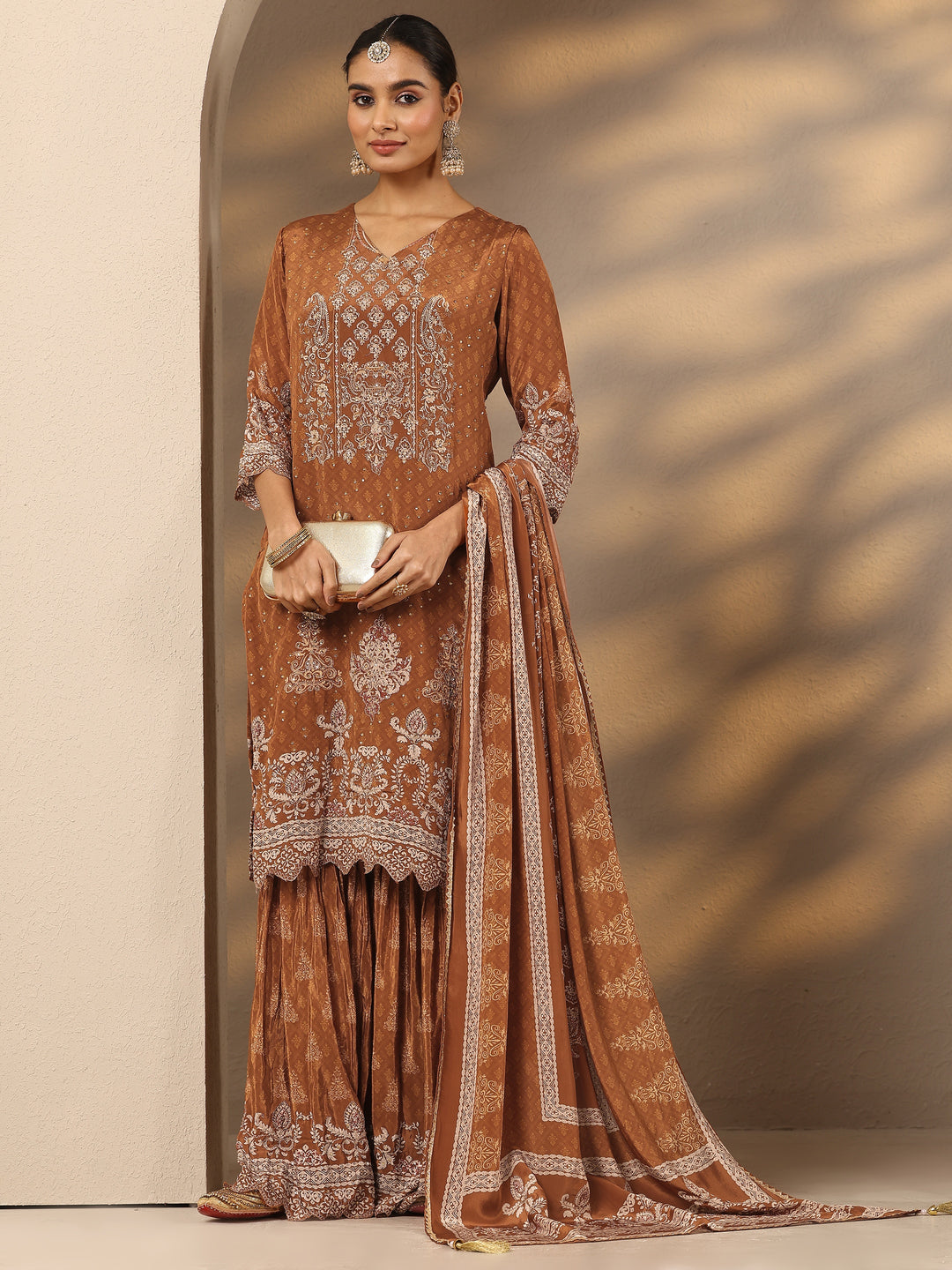 Libas Art Rust Embellished Crepe Suit Set With Dupatta 