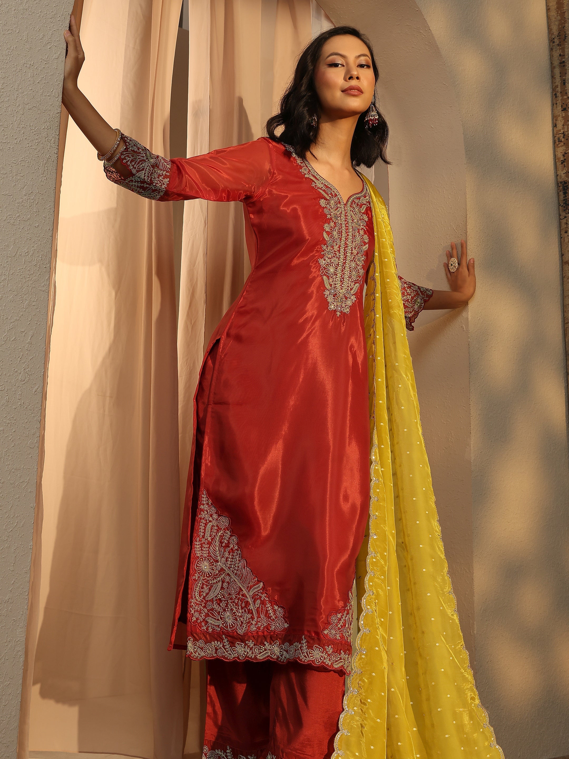 Libas Art Rust Embroidered Organza Straight Suit Set With Dupatta-image-46