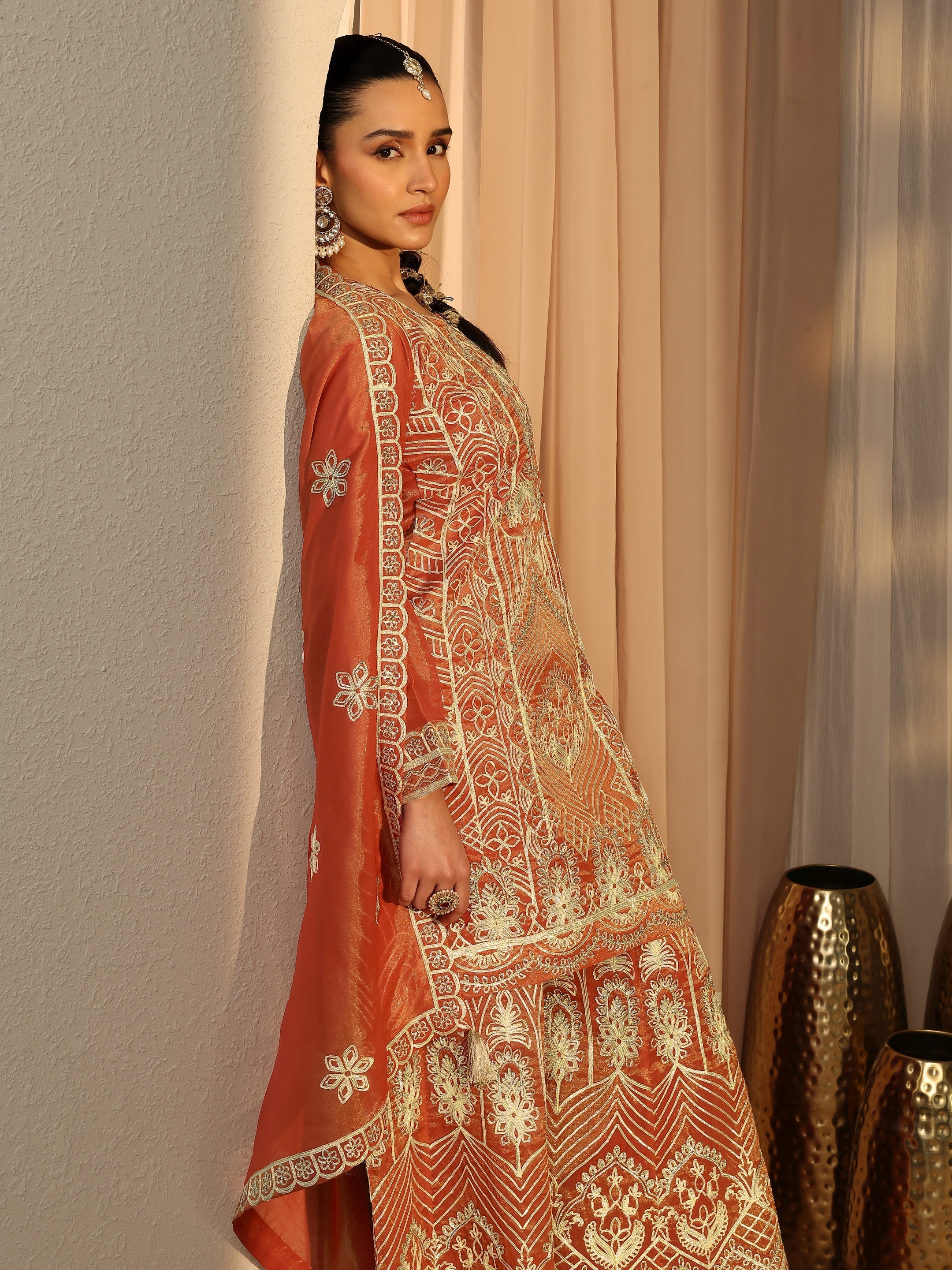 Libas Art Rust Embroidered Silk Blend Straight Suit Set With Dupatta-image-45