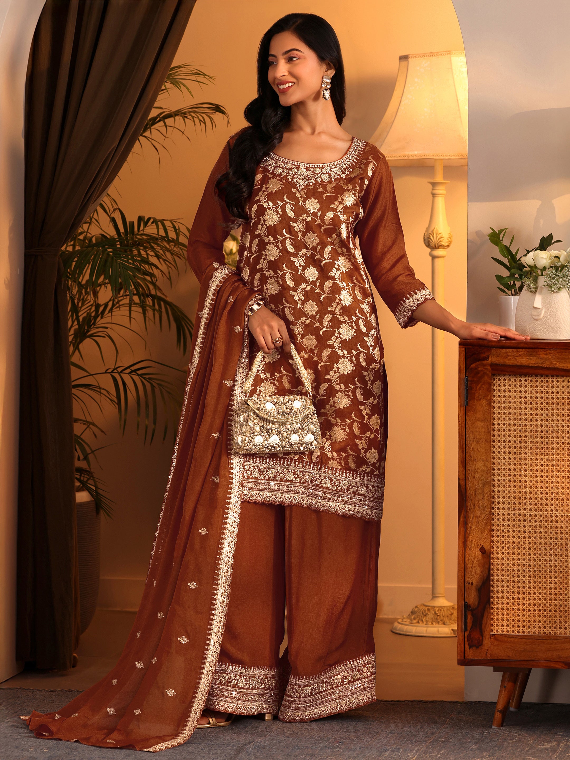 libas Rust Woven Design Silk Blend Straight Suit Set With Dupatta-picture-25