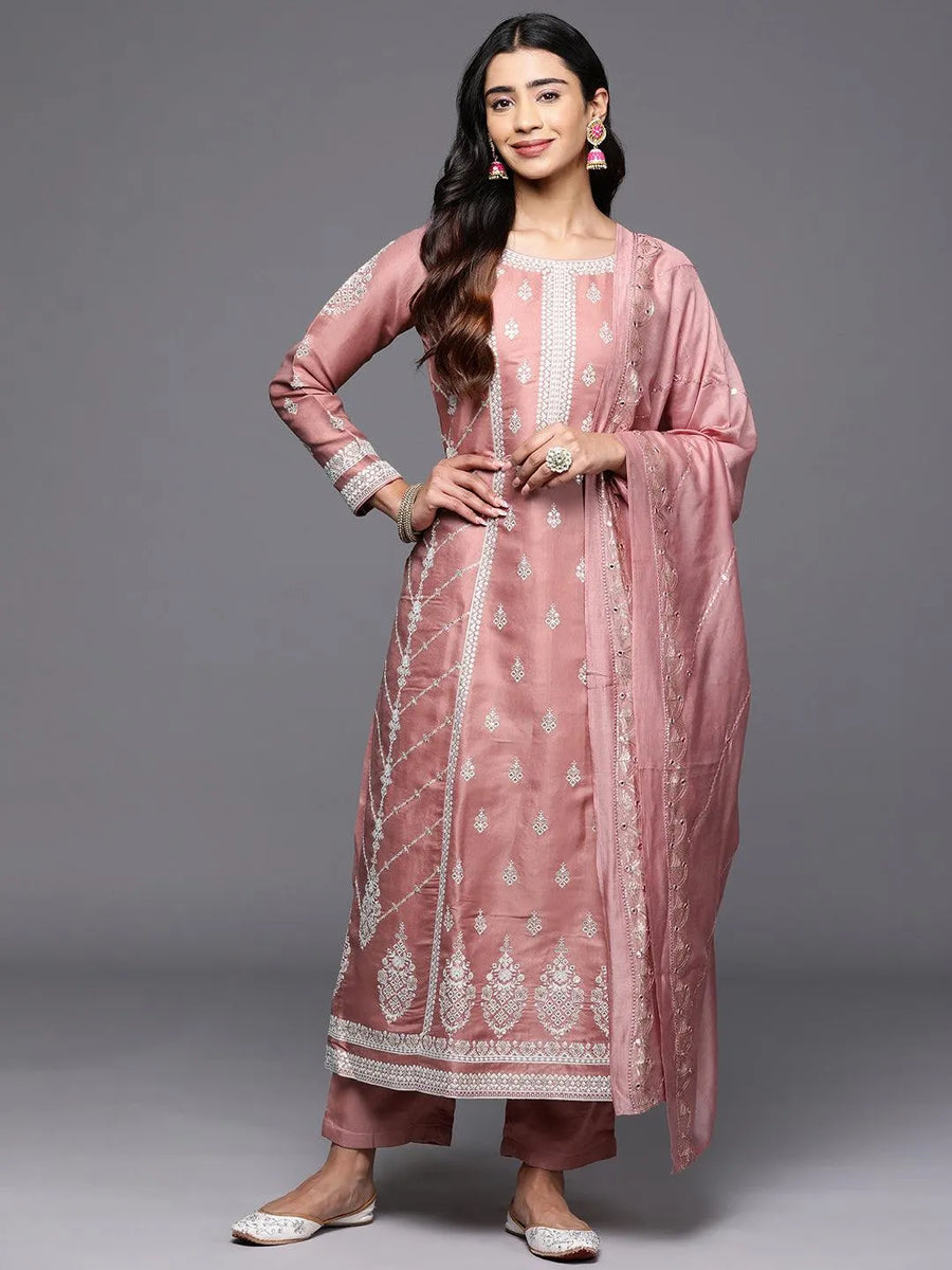Libas Art Pink Embellished Chinnon Saree