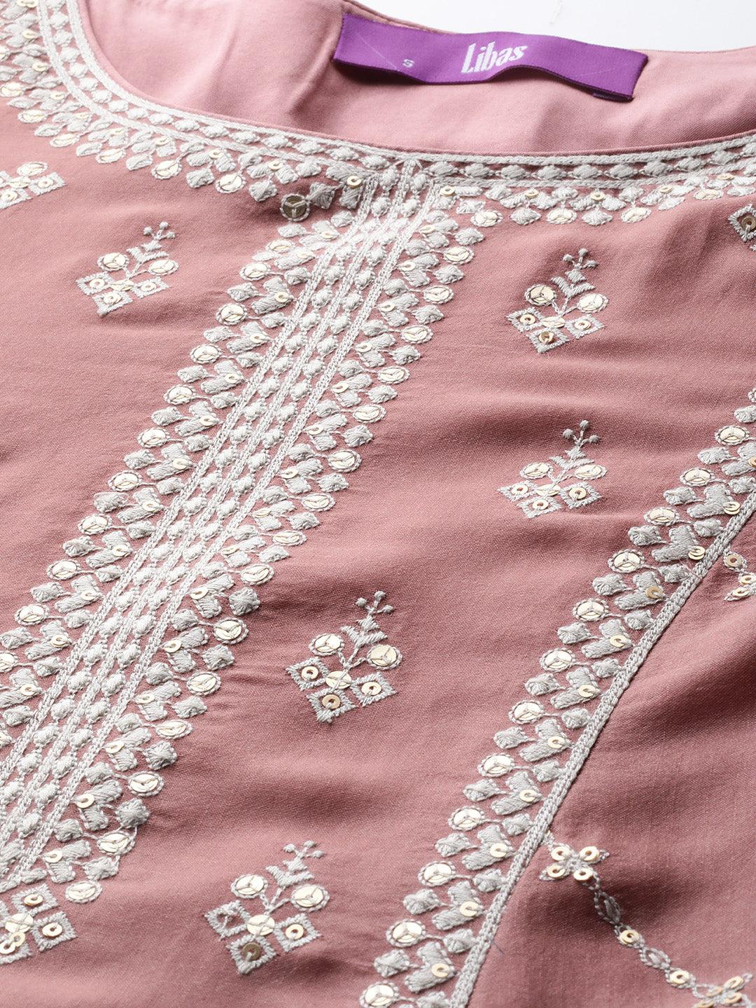 Libas Art Rusty Pink Embroidered Silk Blend A-Line Kurta With Trousers & Dupatta