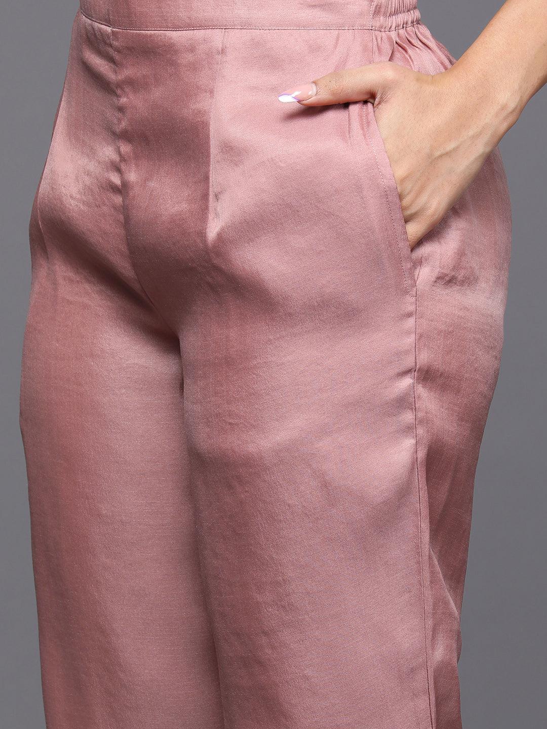 Libas Art Rusty Pink Embroidered Silk Blend A-Line Kurta With Trousers & Dupatta