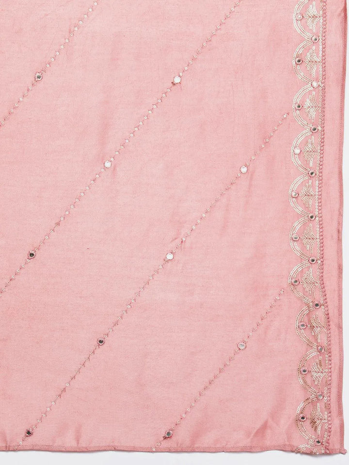 Libas Art Rusty Pink Embroidered Silk Blend A-Line Kurta With Trousers & Dupatta - Libas