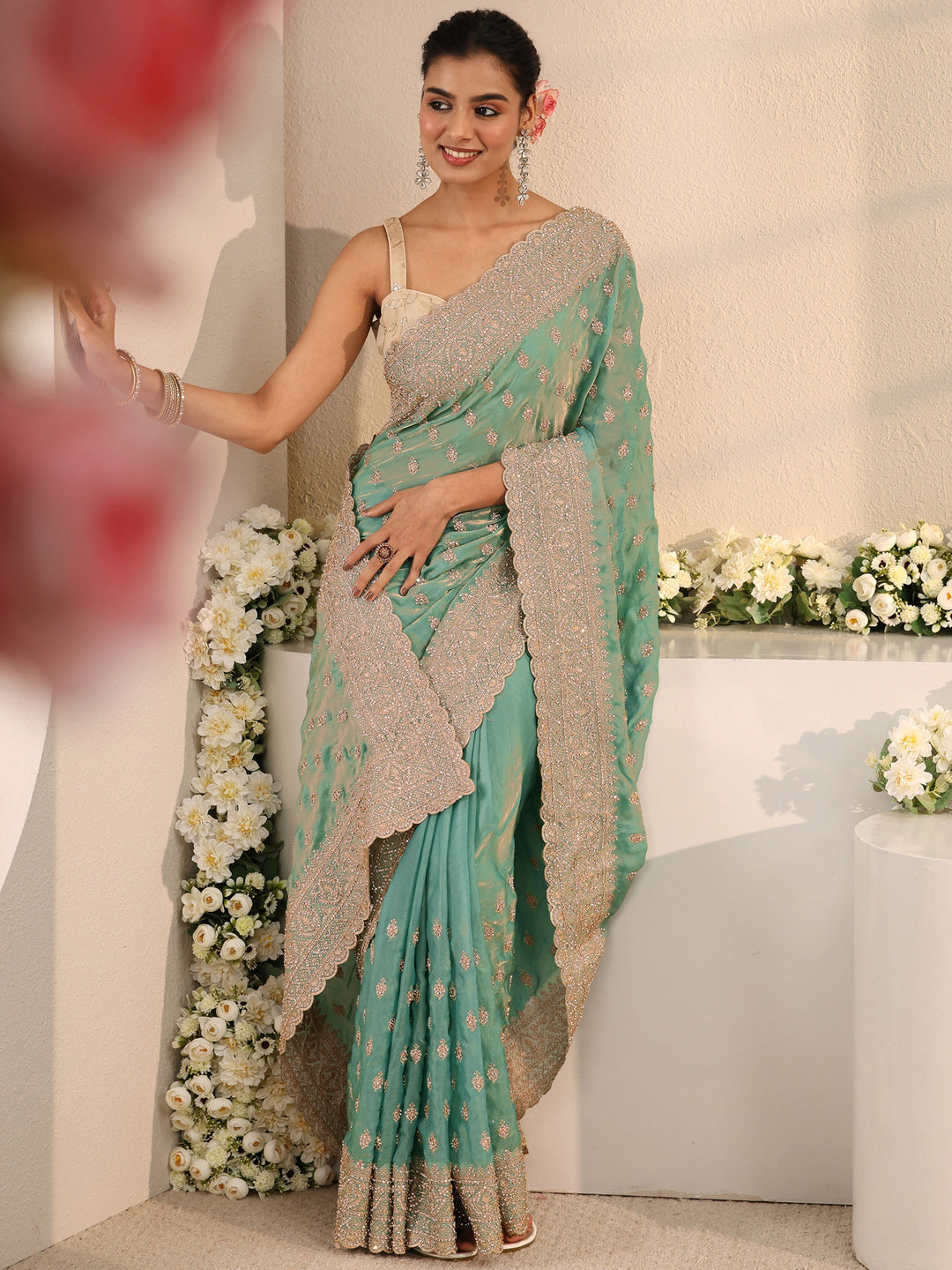  Libas Art Sea Green Embellished Tissue Saree With Unstitched Blouse Piece 