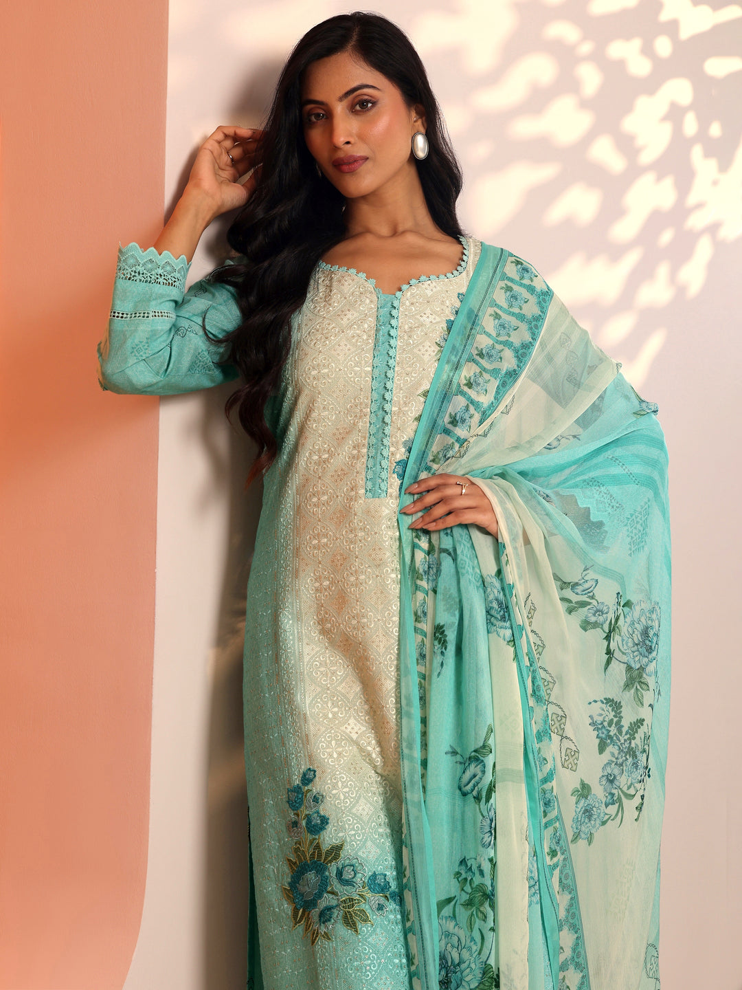 Sea Green Embroidered Cotton Straight Suit Set With Dupatta