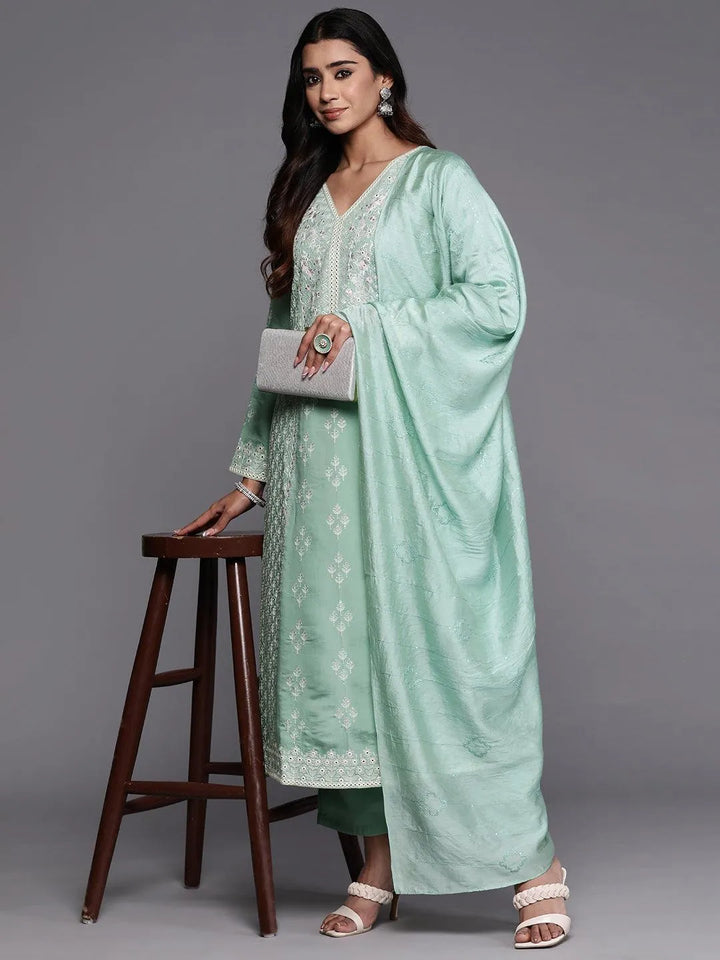 Libas Art Sea Green Embroidered Silk Blend A-Line Kurta With Trousers & Dupatta - Libas