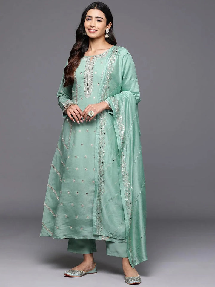 Libas Art Sea Green Embroidered Silk Blend A-Line Kurta With Trousers & Dupatta - Libas