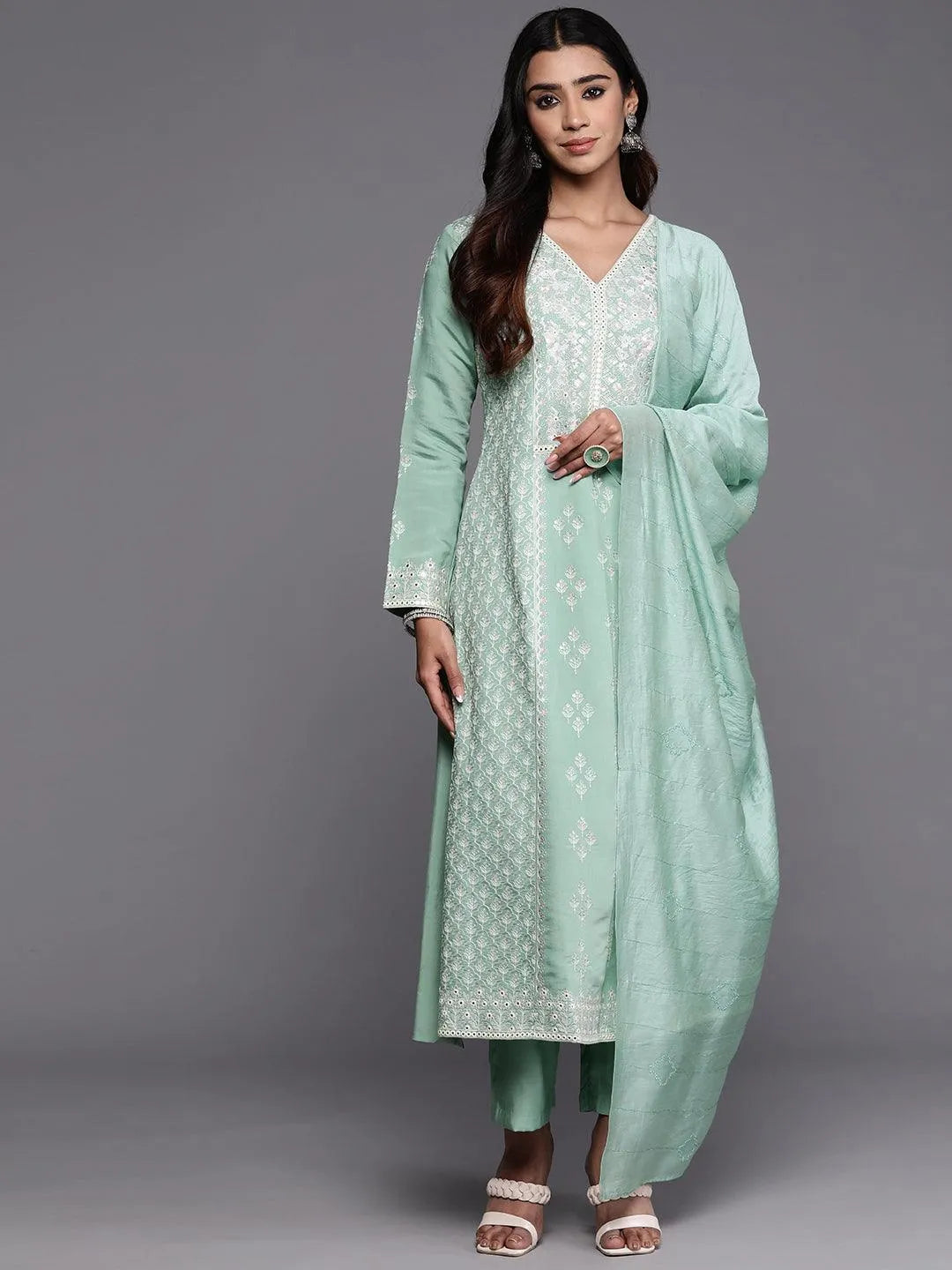 Libas Art Sea Green Embroidered Silk Blend A-Line Kurta With Trousers & Dupatta - Libas 