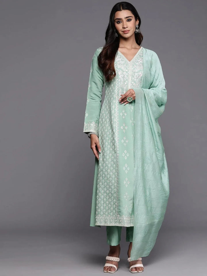 Libas Art Sea Green Embroidered Silk Blend A-Line Kurta With Trousers & Dupatta - Libas