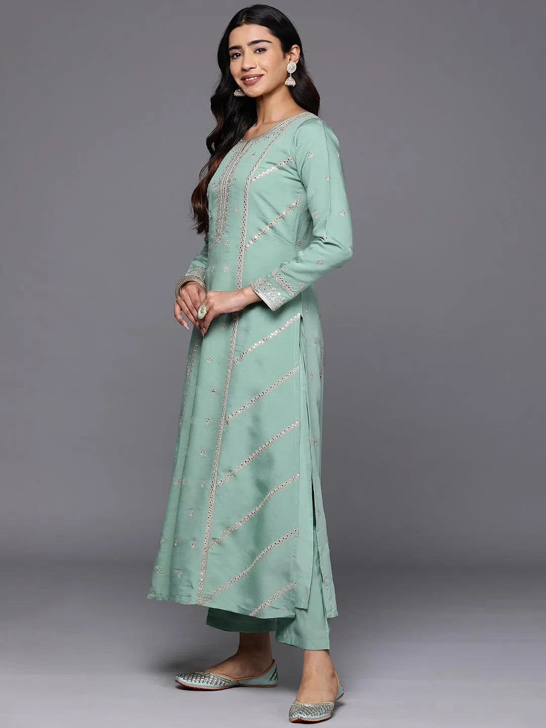 Libas Art Sea Green Embroidered Silk Blend A-Line Kurta With Trousers & Dupatta - Libas 