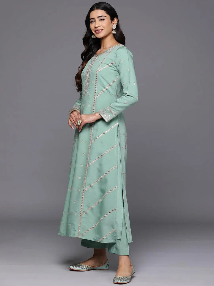 Libas Art Sea Green Embroidered Silk Blend A-Line Kurta With Trousers & Dupatta - Libas