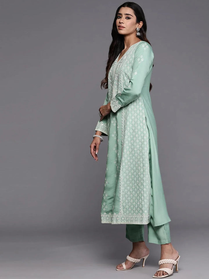 Libas Art Sea Green Embroidered Silk Blend A-Line Kurta With Trousers & Dupatta - Libas
