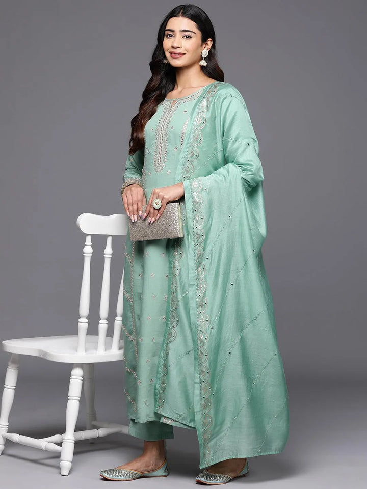 Libas Art Sea Green Embroidered Silk Blend A-Line Kurta With Trousers & Dupatta - Libas
