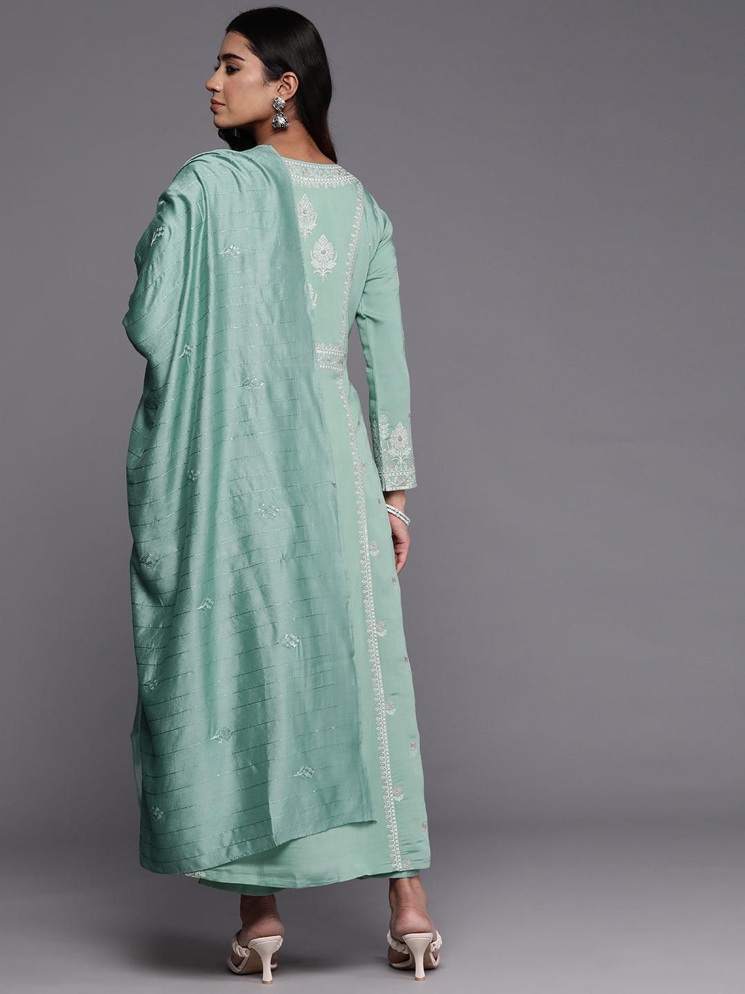 Libas Art Sea Green Embroidered Silk Blend A-Line Kurta With Trousers & Dupatta