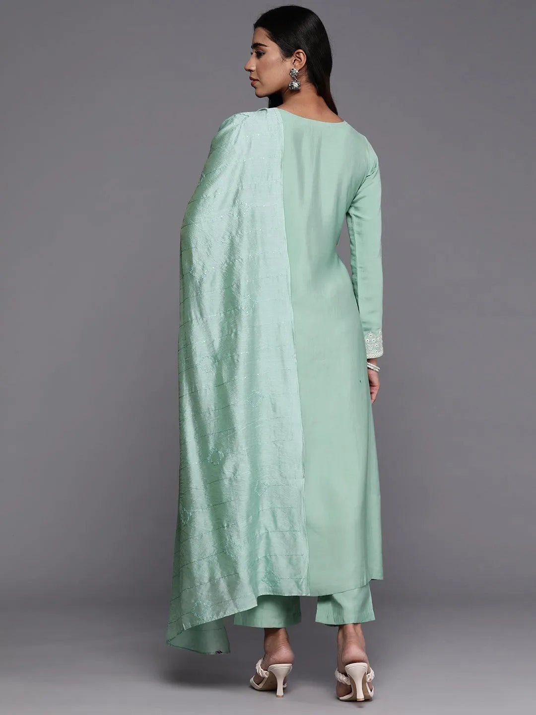 Libas Art Sea Green Embroidered Silk Blend A-Line Kurta With Trousers & Dupatta - Libas 