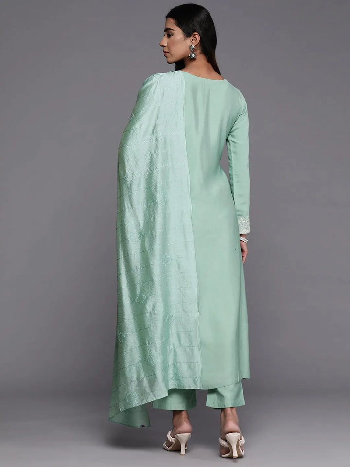 Libas Art Sea Green Embroidered Silk Blend A-Line Kurta With Trousers & Dupatta - Libas