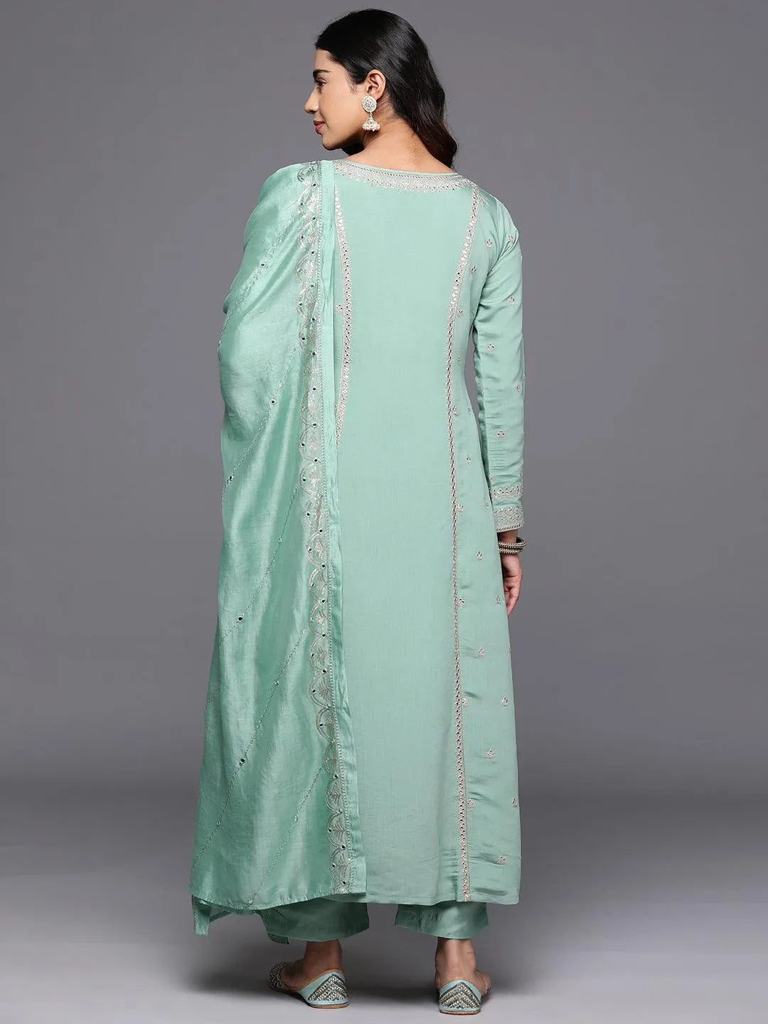 Libas Art Sea Green Embroidered Silk Blend A-Line Kurta With Trousers & Dupatta - Libas 