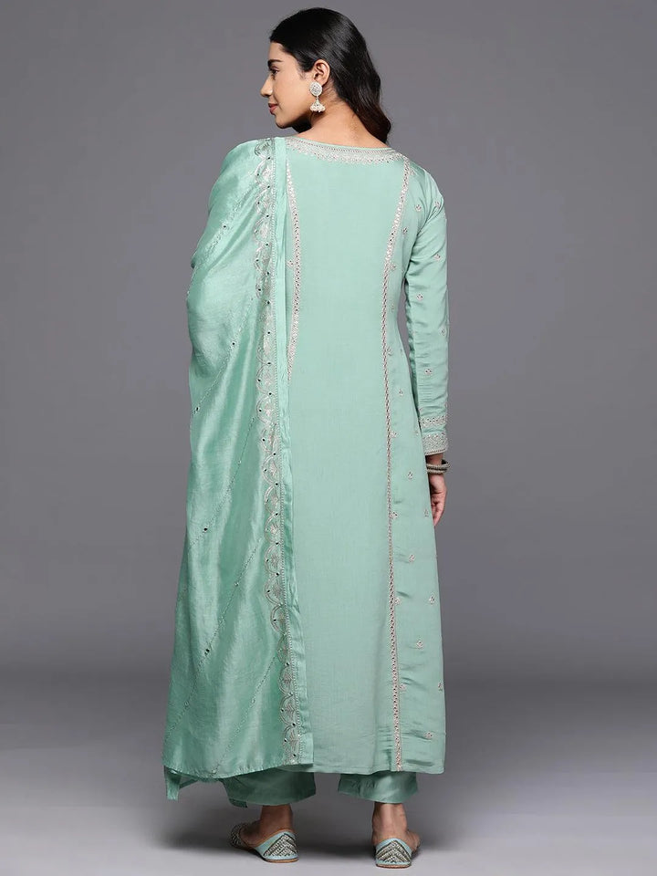 Libas Art Sea Green Embroidered Silk Blend A-Line Kurta With Trousers & Dupatta - Libas