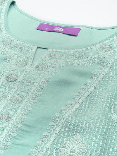 Libas Art Sea Green Embroidered Silk Blend A-Line Kurta With Trousers & Dupatta - Libas