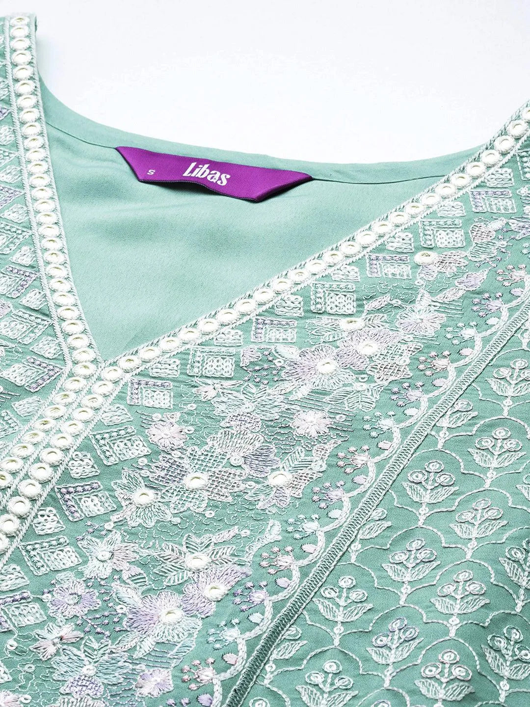Libas Art Sea Green Embroidered Silk Blend A-Line Kurta With Trousers & Dupatta - Libas 