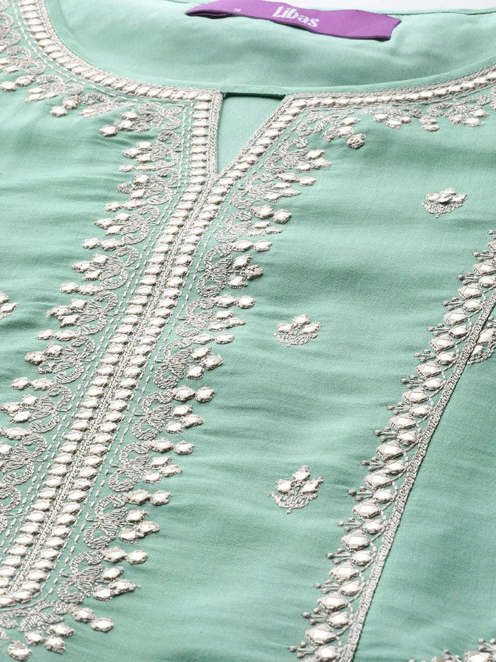 Libas Art Sea Green Embroidered Silk Blend A-Line Kurta With Trousers & Dupatta - Libas