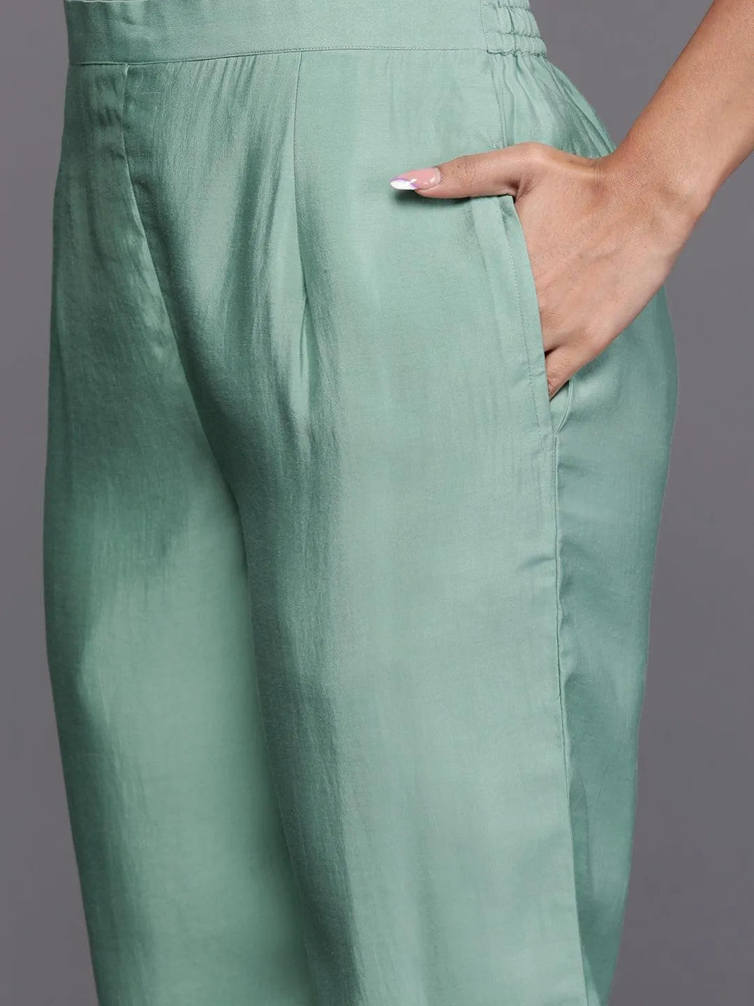 Libas Art Sea Green Embroidered Silk Blend A-Line Kurta With Trousers & Dupatta - Libas 