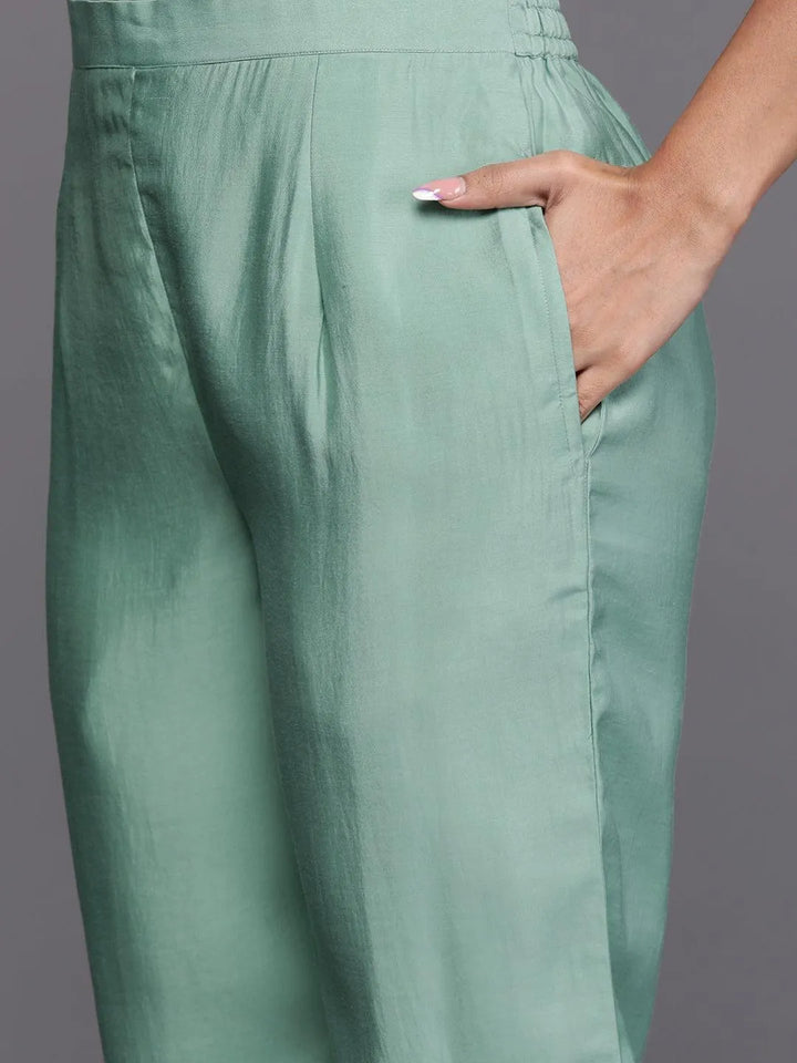Libas Art Sea Green Embroidered Silk Blend A-Line Kurta With Trousers & Dupatta - Libas