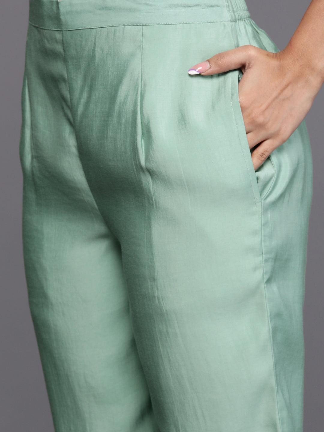 Libas Art Sea Green Embroidered Silk Blend A-Line Kurta With Trousers & Dupatta - Libas