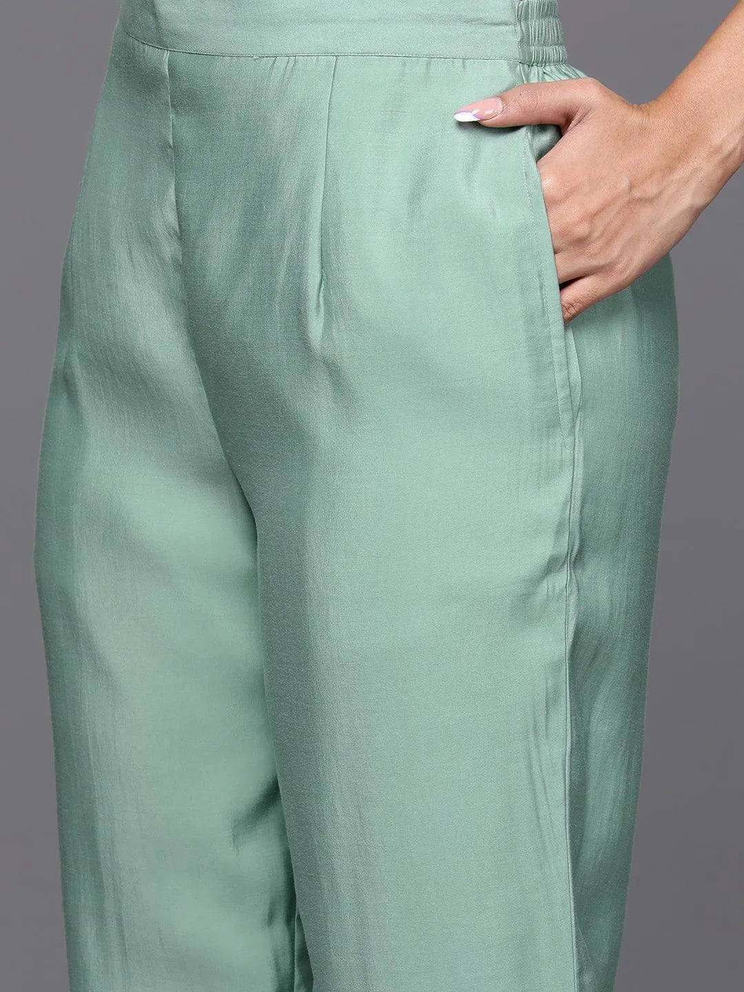 Libas Art Sea Green Embroidered Silk Blend A-Line Kurta With Trousers & Dupatta - Libas 