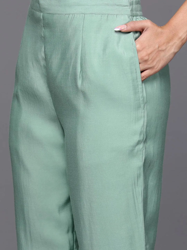 Libas Art Sea Green Embroidered Silk Blend A-Line Kurta With Trousers & Dupatta - Libas