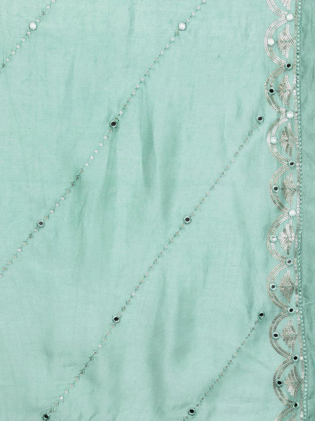 Libas Art Sea Green Embroidered Silk Blend A-Line Kurta With Trousers & Dupatta - Libas 