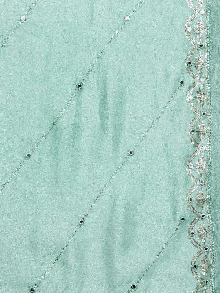 Libas Art Sea Green Embroidered Silk Blend A-Line Kurta With Trousers & Dupatta - Libas