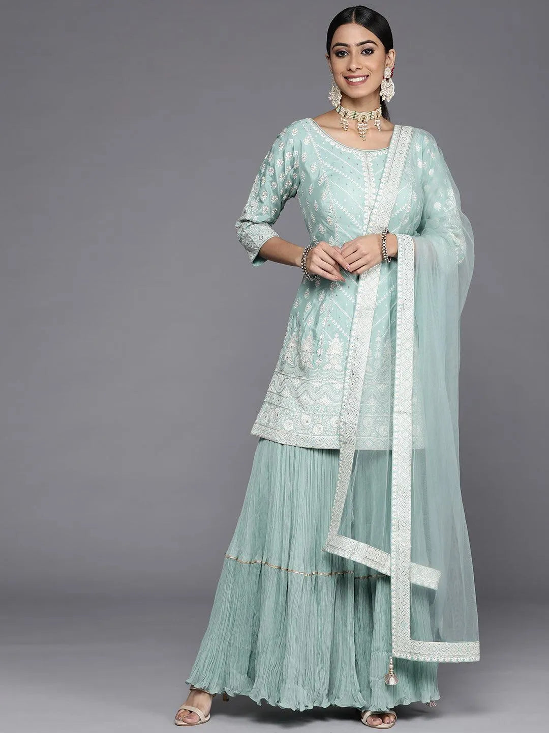 Libas Art Sea Green Embroidered Silk Straight Suit Set