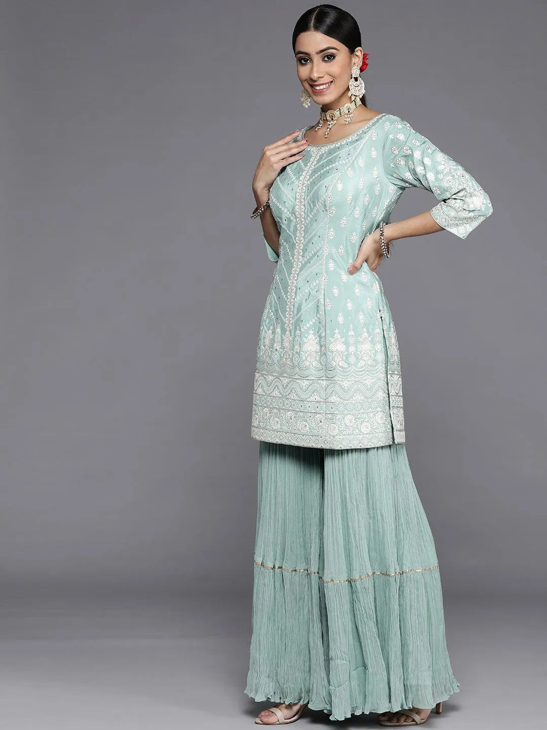 Libas Art Sea Green Embroidered Silk Straight Suit Set - Libas