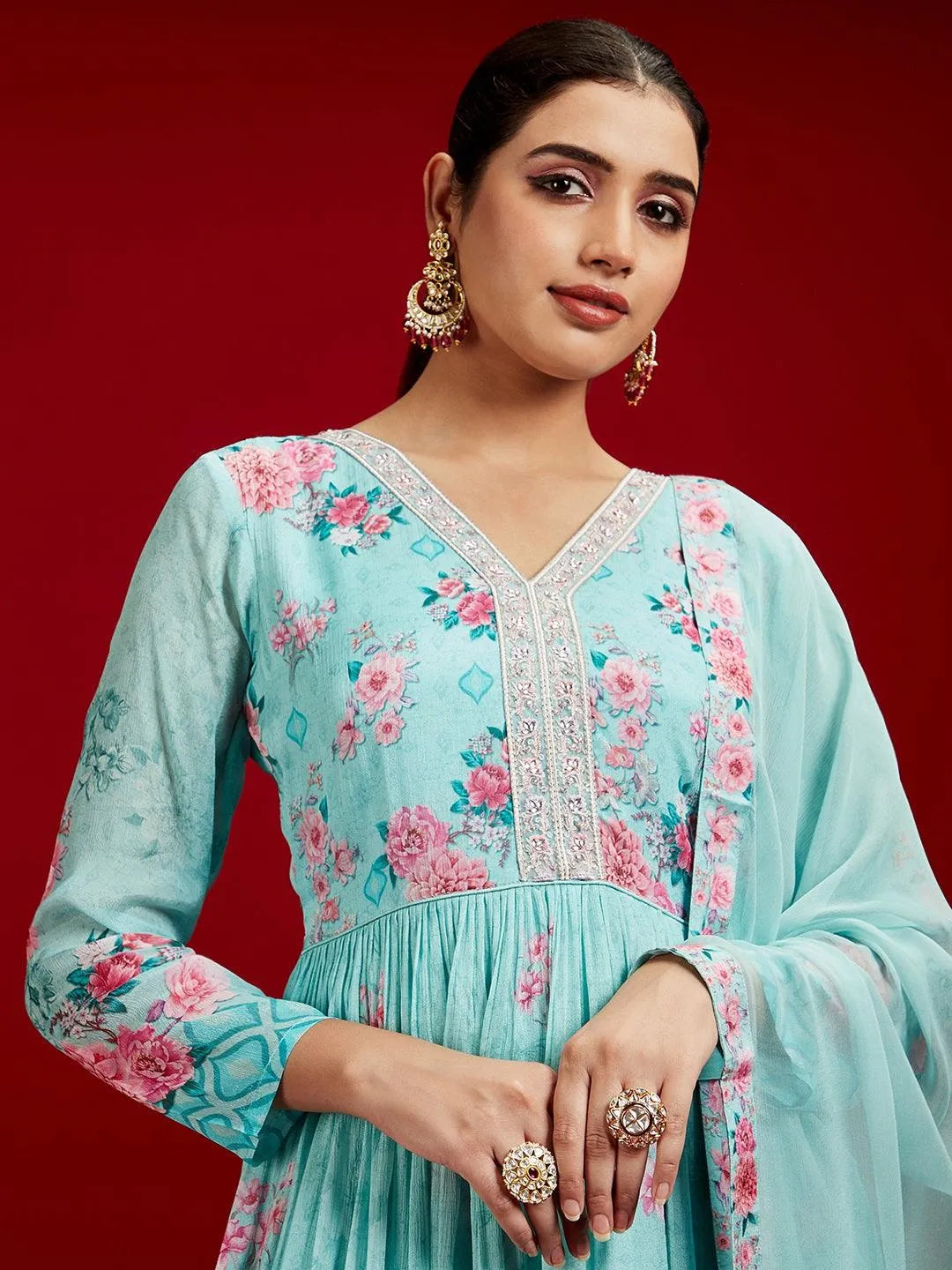 Libas Art Sea Green Printed Silk Chiffon Anarkali Kurta With Trousers & Dupatta - Libas 