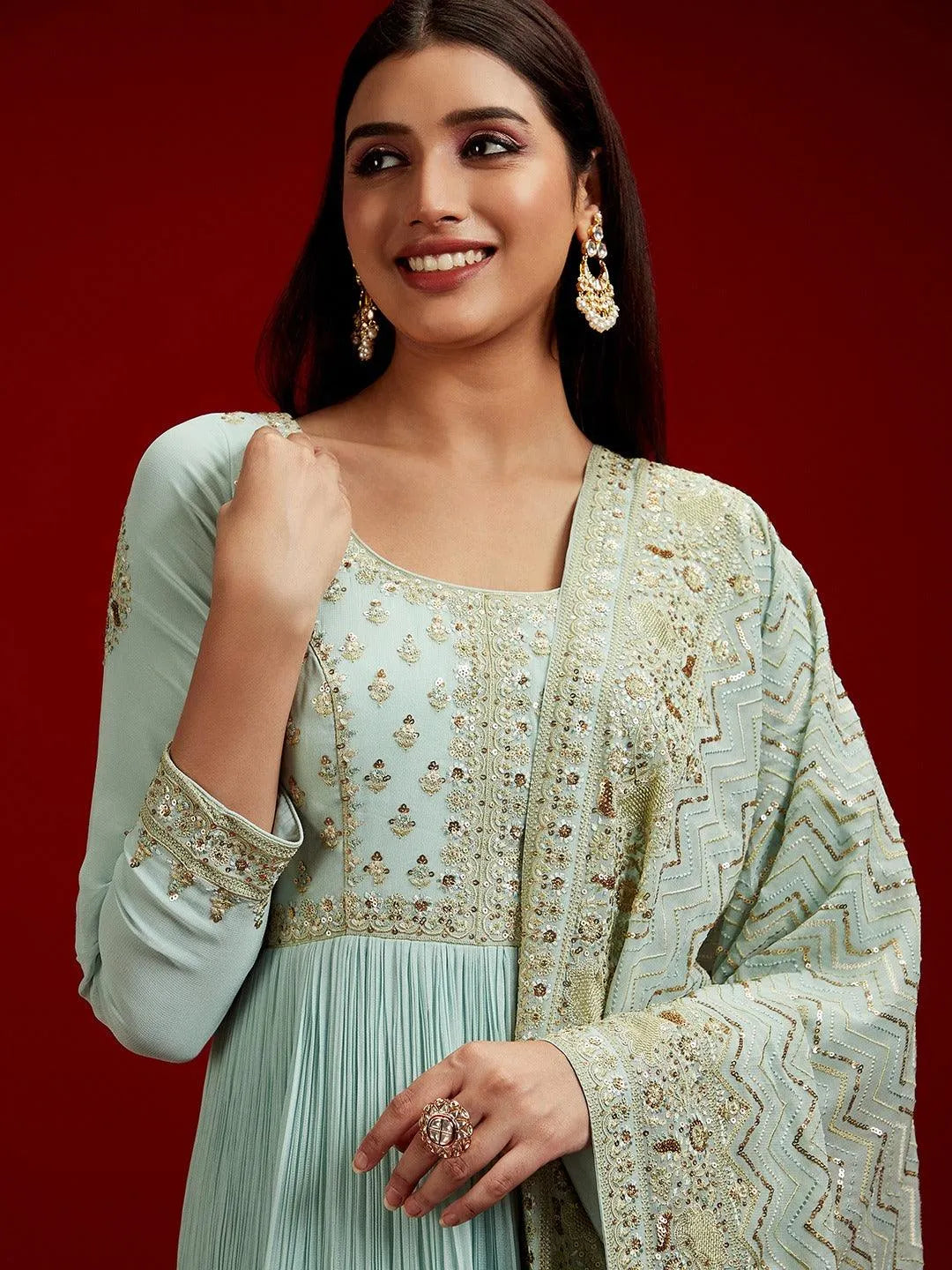 Libas Design Buy Libas Art Sea Green Yoke Design Georgette A-Line Kurta With ...