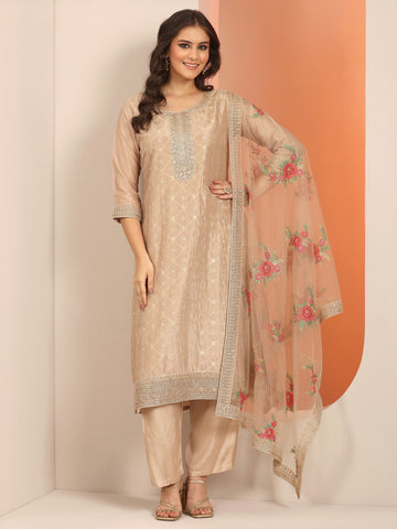 Tan Woven Design Silk Blend Straight Suit Set With Dupatta