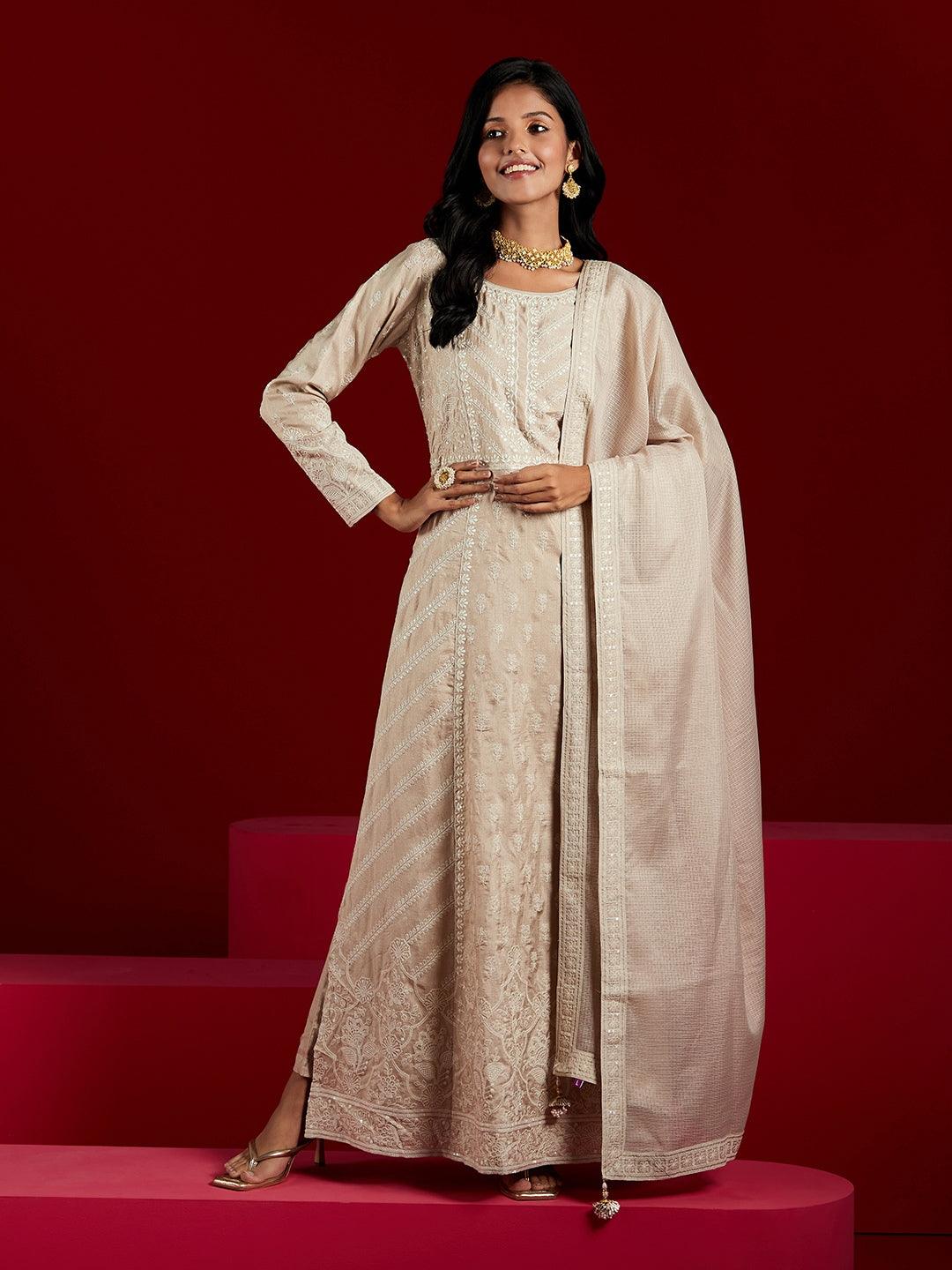 Libas Art Taupe Embroidered Silk A-Line Kurta With Trousers & Dupatta