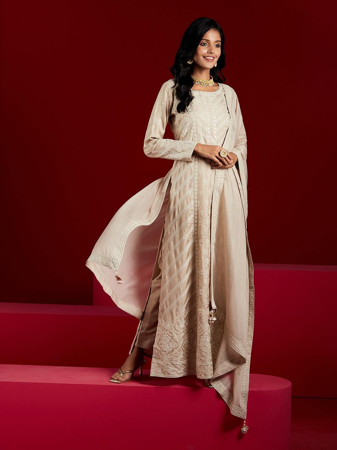 Libas Art Taupe Embroidered Silk A-Line Kurta With Trousers & Dupatta