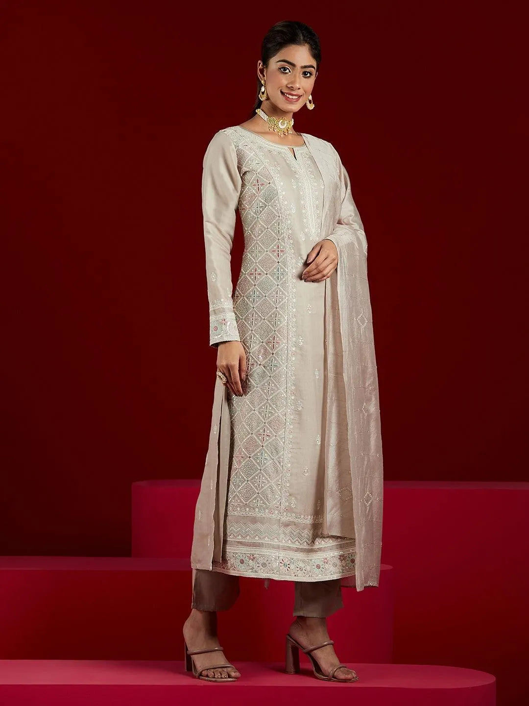 Libas Art Taupe Embroidered Silk Blend A-Line Kurta With Trousers & Dupatta - Libas